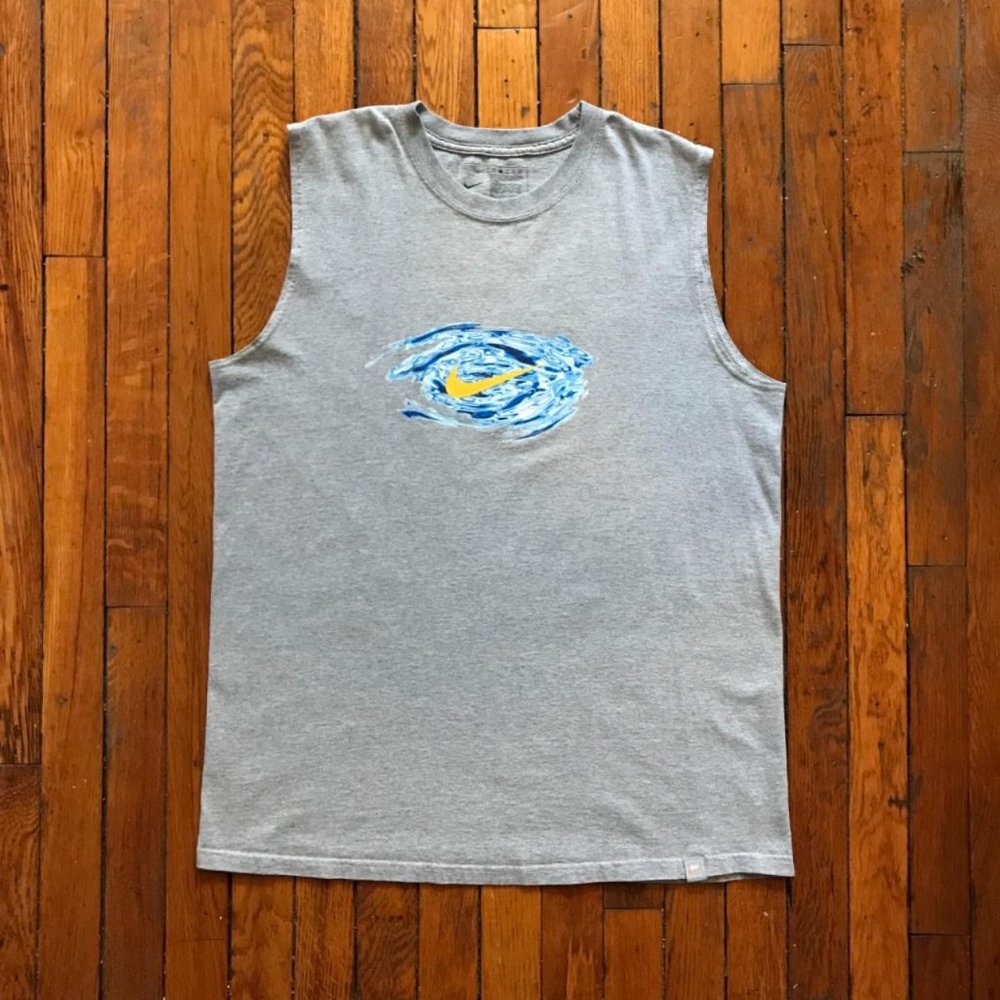 Vintage Y2K Nike Swim Men Heather Grey Blue White Yellow Swoosh‎ Water Tank Top